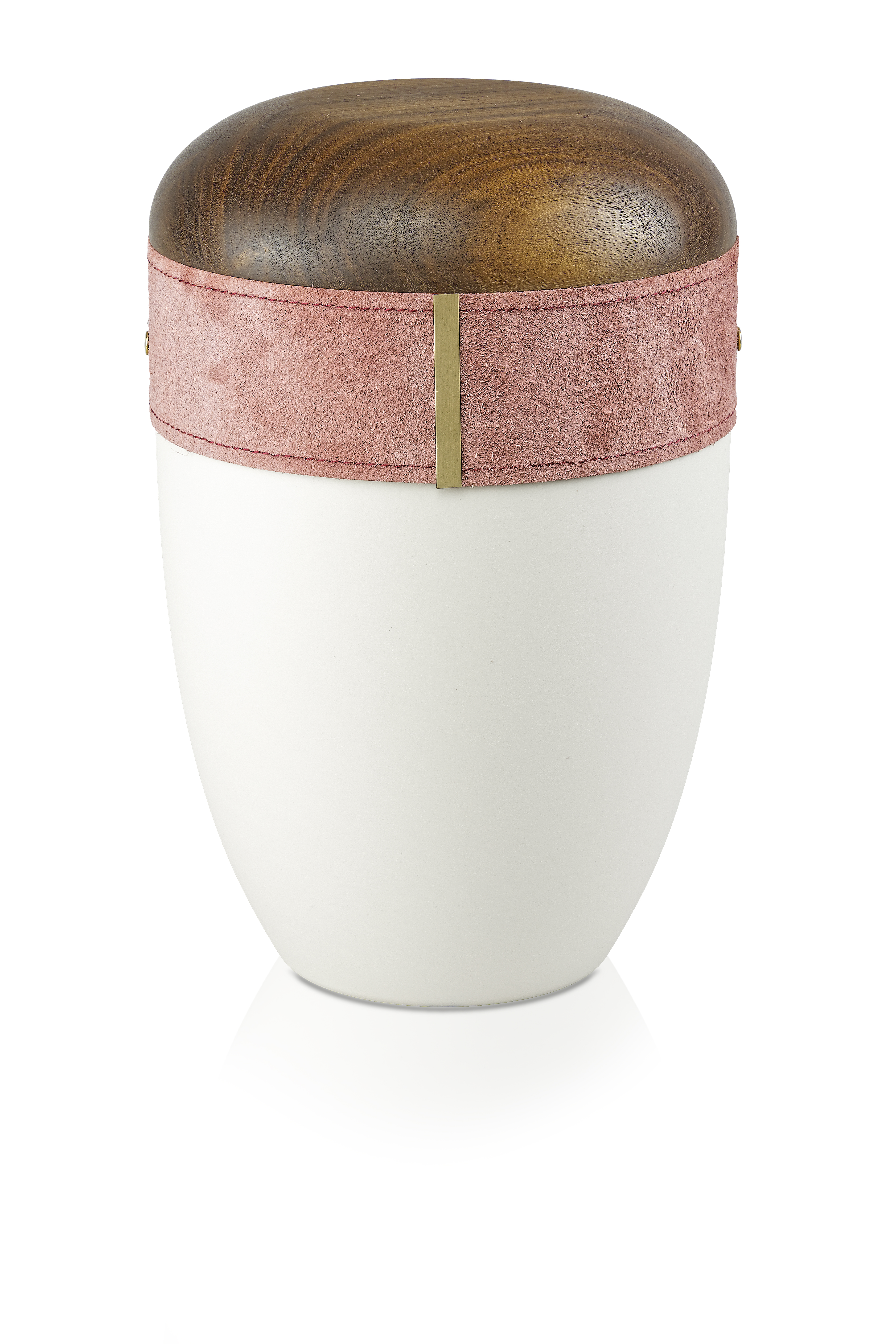 Ökourne, weiss, Lederband rosa, Deckel Nussbaum