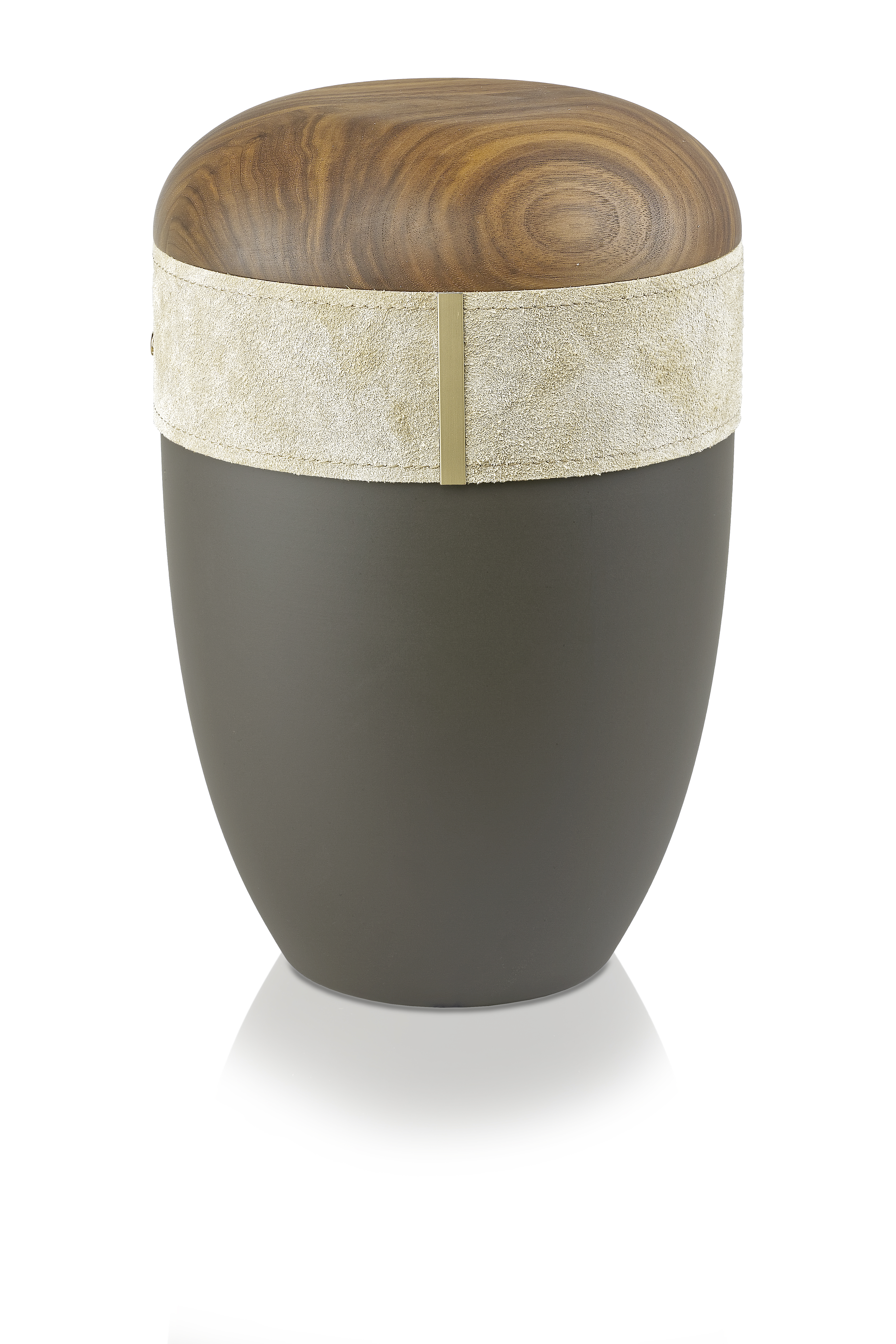 Ökourne, schwarz, Lederband beige, Deckel Nussbaum