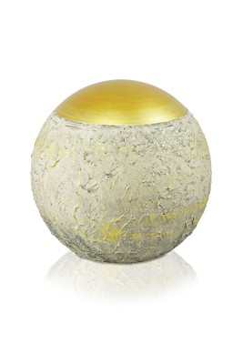 Keramikurne Kugel, weiss/gold, Streifen, gerillt
