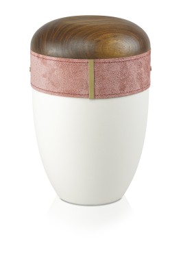 Ökourne, weiss, Lederband rosa, Deckel Nussbaum