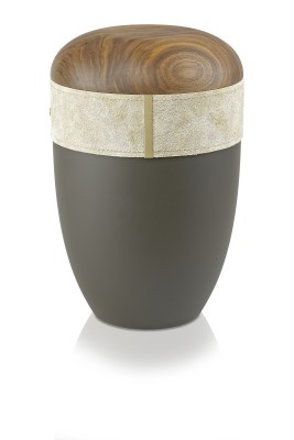 Ökourne, schwarz, Lederband beige, Deckel Nussbaum